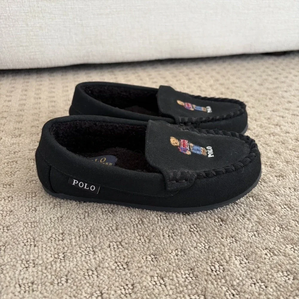 Polo Ralph Lauren Polo Bear Embroidered Moccasin Slippers Boys 13 Black Suede